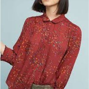 Anthropologie Maeve Women's Collar Button Down Floral Red Blouse Size Small
